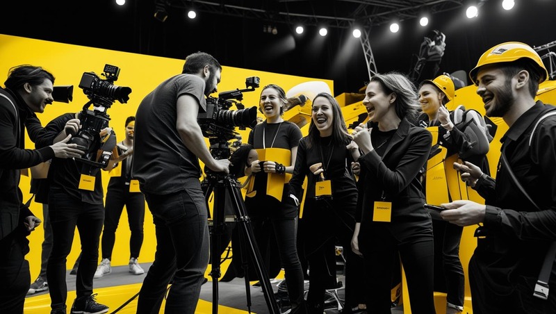 Equipe registrando evento dinâmico, público engajado, detalhes em amarelo e preto
