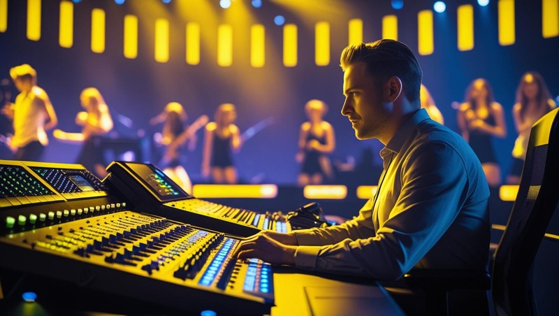 Mesa de controle ao vivo, luzes de palco, exploradores conectando pessoas em tempo real, fundo preto e amarelo