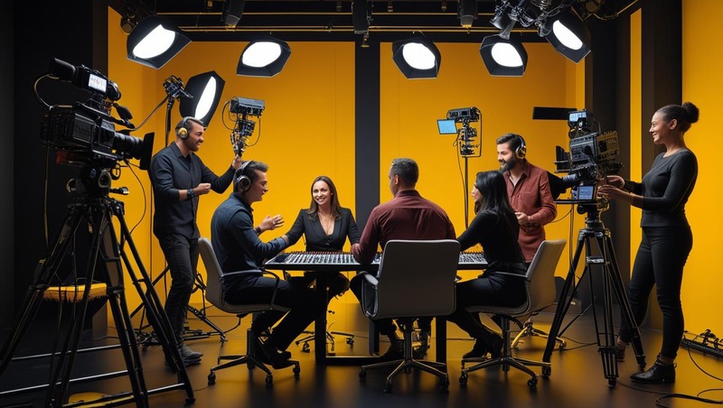 Equipe em ação, câmeras profissionais, cenário ousado, detalhes em amarelo, atmosfera de aventura criativa