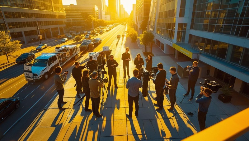 Drone sobrevoando paisagens urbanas, equipe gravando cenas autênticas, amarelo predominante